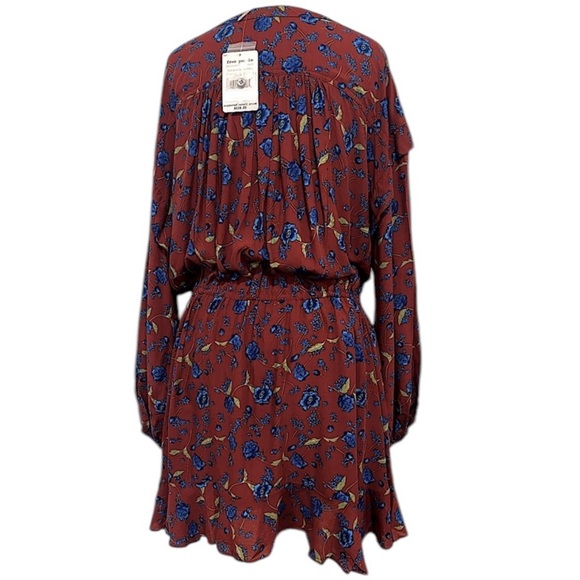 Free People Flower Fields Mini Dress Burgundy Ballon Sleeves Ruffles Boho Small - Picture 3 of 14